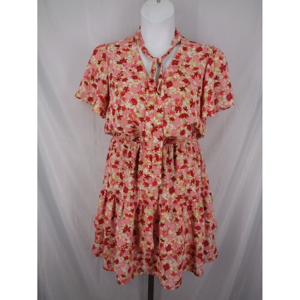 Nanette Lepore Floral Tiered Dress Tie Neck Flutter Sleeves Size 8